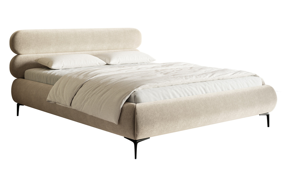 SELSEY Łóżko tapicerowane 160x200 cm Roule z pojemnikiem stelaż metalowy jasnobeżowe welur hydrofobowy nóżki czarne
