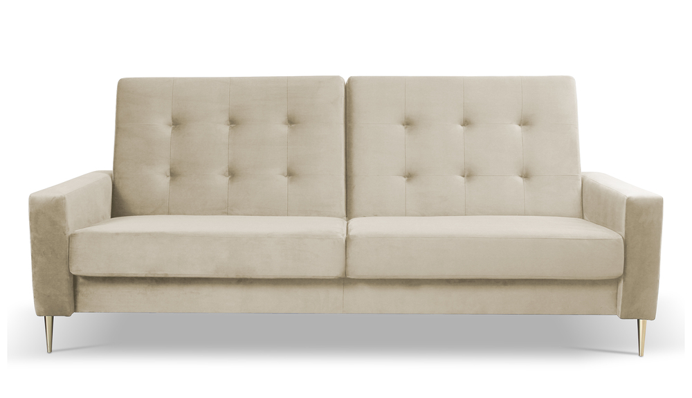 SELSEY Wersalka trzyosobowa Santi jasnobeżowa z pojemnikiem w tkaninie hydrofobowej welur nogi złote