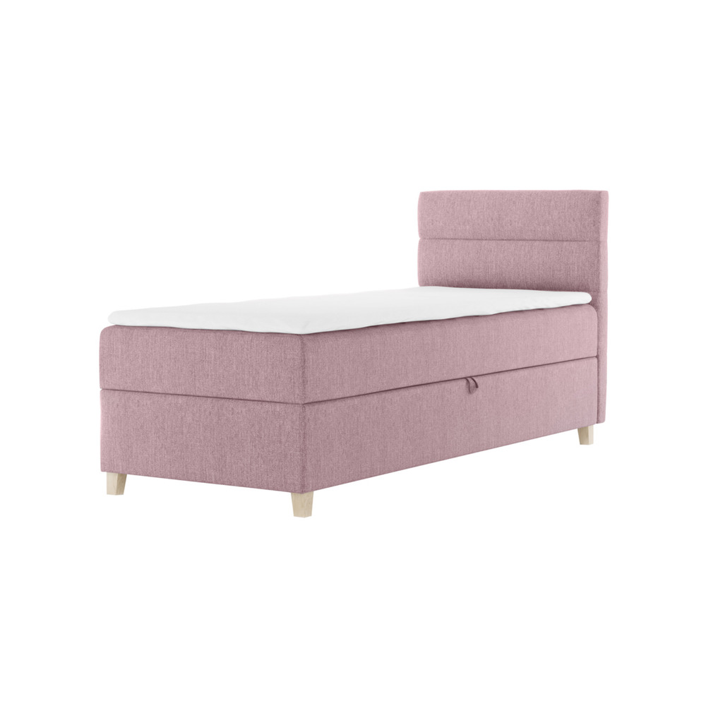 SELSEY Łóżko kontynentalne 80x200 cm Charolle z pojemnikiem i topperem jednoosobowe różowe welur lewostronne