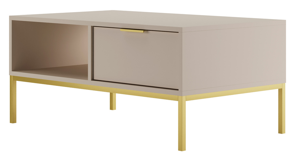 SELSEY Stolik kawowy Diargo 100 cm z dwiema szufladami i wnęką szarobeżowy na złotym stelażu