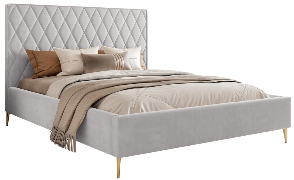 SELSEY Łóżko tapicerowane 180x200 cm Caro z pojemnikiem gołębie welur hydrofobowy złote nóżki