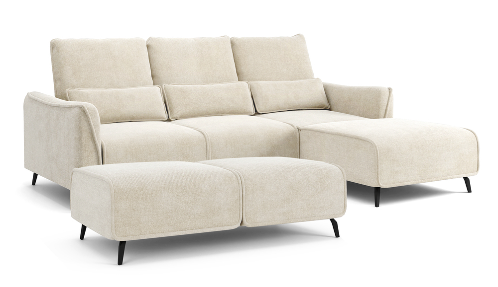 SELSEY Narożnik z funkcją spania Rumbia z pufą L-kształtny kremowy z regulowanym oparciem w tkaninie łatwoczyszczcej plecionka nogi czarne prawostronn