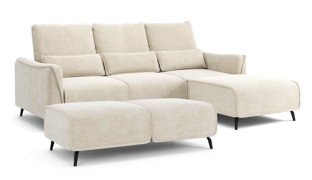 SELSEY Narożnik z funkcją spania Rumbia z pufą L-kształtny kremowy z regulowanym oparciem w tkaninie łatwoczyszczcej plecionka nogi czarne prawostronn