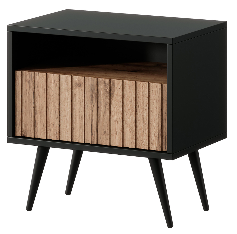 SELSEY Szafka nocna Bello z szufladą z lamelowym frontem czarna/dąb wotan