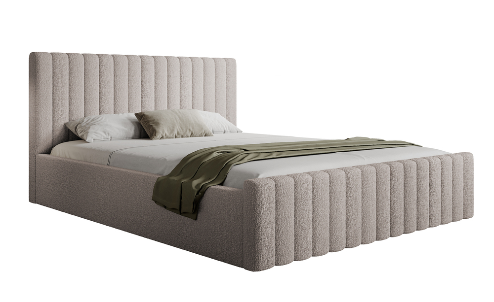 SELSEY Łóżko tapicerowane 140x200 cm Ramone ciemnobeżowe z pojemnikiem stelaż metalowy boucle nogi czarne