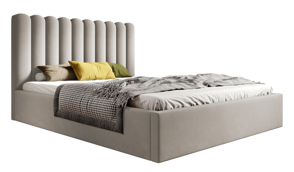 SELSEY Łóżko tapicerowane 140x200 cm Motoba z pojemnikiem i drewnianym stelażem z podnośnikiem sprężynowym niebieskie welur