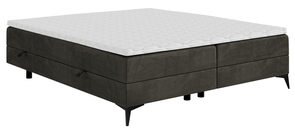 SELSEY Łóżko kontynentalne Baseo niskie 180x200 cm bez wezgłowia z pojemnikami i topperem grafitowe welur hydrofobowy