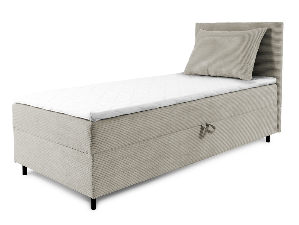 SELSEY Łóżko kontynentalne jednosobowe Montigo Mini 90x200 cm z pojemnikiem, topperem i poduszką beżowe sztruks nogi czarne prawostronne