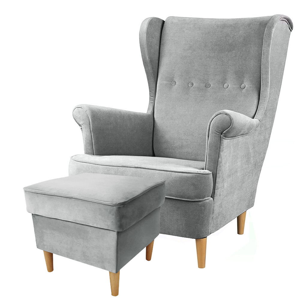 SELSEY Fotel z podnóżkiem Malmo jasnoszary w tkaninie Easy Clean na bukowych nóżkach