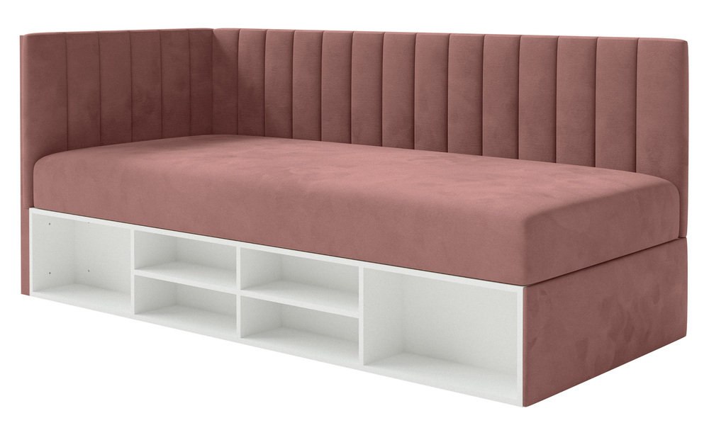 SELSEY Łóżko młodzieżowe 90x200 cm Ventrio lewostronne z pojemnikiem i półkami różowe welur hydrofobowy łatwoczyszczący