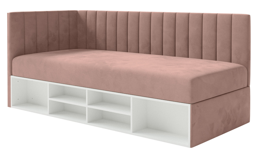 SELSEY Łóżko młodzieżowe 90x200 cm Ventrio lewostronne z pojemnikiem i półkami jasnoróżowe welur hydrofobowy łatwoczyszczący