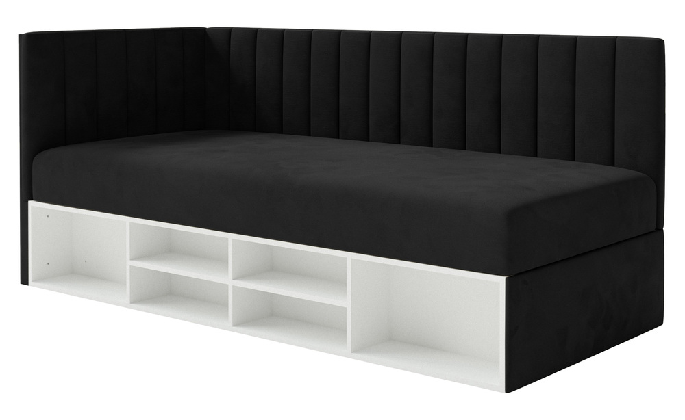 SELSEY Łóżko młodzieżowe 90x200 cm Ventrio lewostronne z pojemnikiem i półkami czarne welur hydrofobowy łatwoczyszczący