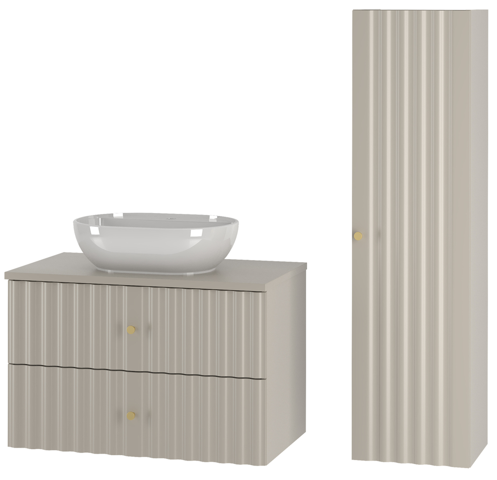 SELSEY Zestaw łazienkowy z umywalką nablatową i słupkiem Aqua 115 cm ryflowane fronty szary beż