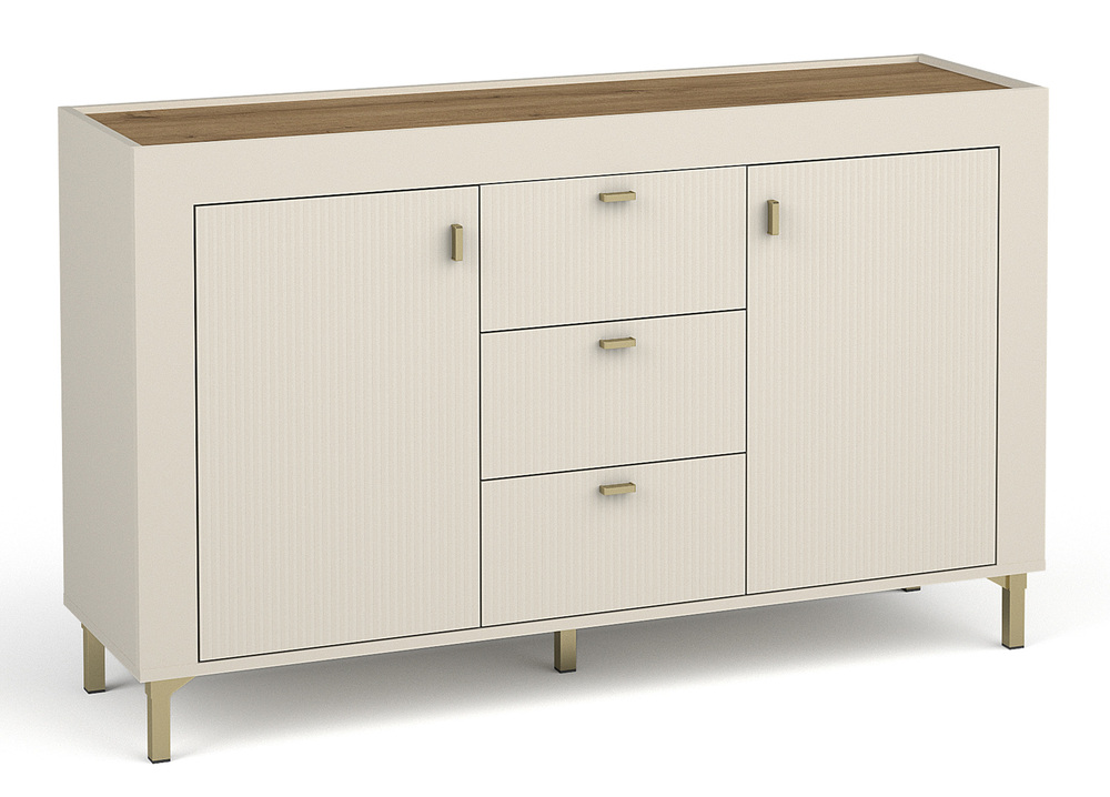 SELSEY Komoda dwudrzwiowa Lammila 131 cm z trzema szufladami szary beż / dąb whisky