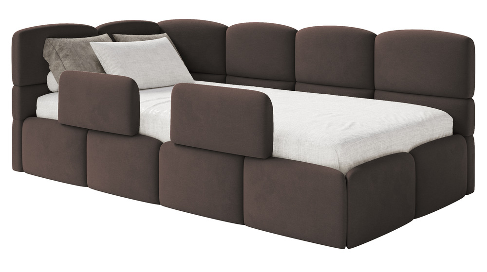 SELSEY Łóżko młodzieżowe 90x200 cm Cloudy lewostronne z materacem pojemnikiem i barierkami brązowe welur hydrofobowy łatwoczyszczący