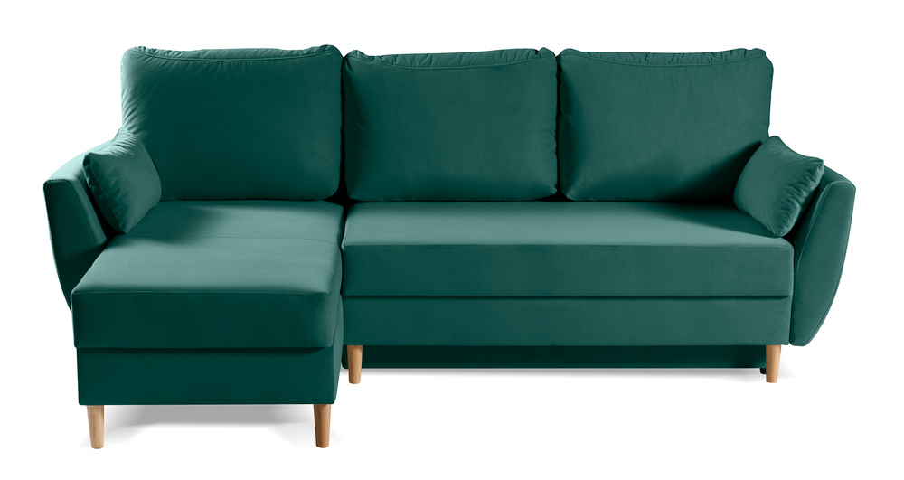 SELSEY Narożnik z funkcją spania Paradela L-kształtny z pojemnikiem uniwersalny na nóżkach bukowych zielony welur hydrofobowy