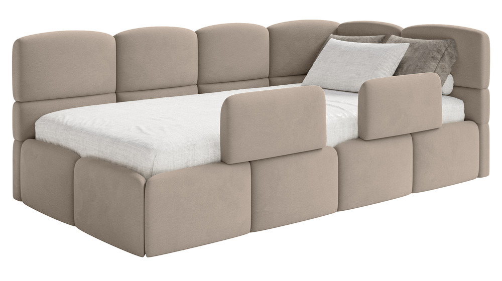 SELSEY Łóżko młodzieżowe 90x200 cm Cloudy prawostronne z materacem pojemnikiem i barierkami beżowe welur hydrofobowy łatwoczyszczący