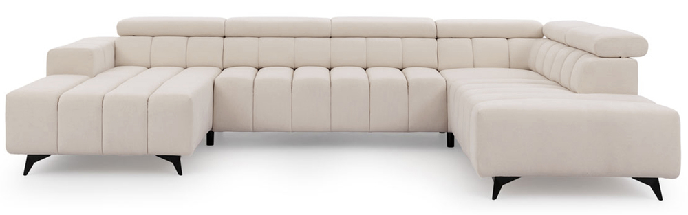 SELSEY Narożnik z funkcją spania Ragussino U-kształtny z regulowanymi zagłówkami i dwoma pojemnikami jasnobeżowy szenil prawostronny