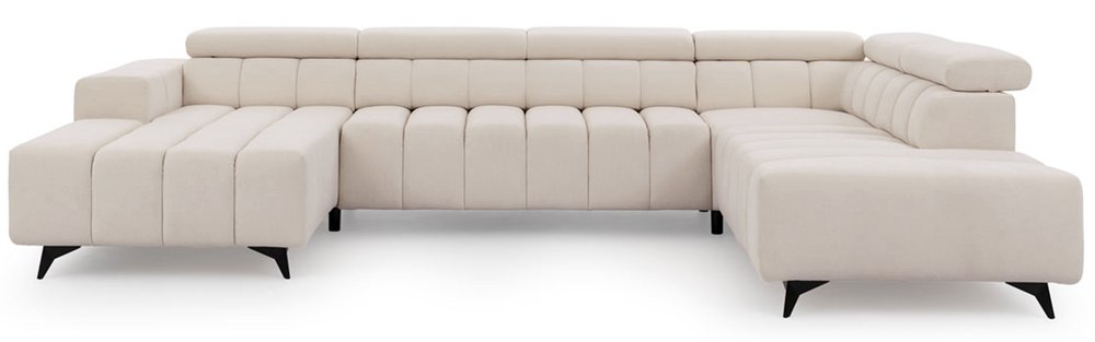 SELSEY Narożnik z funkcją spania Ragussino U-kształtny z regulowanymi zagłówkami i dwoma pojemnikami jasnobeżowy szenil prawostronny