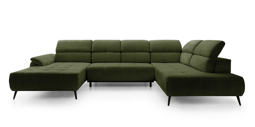 SELSEY Narożnik z funkcją spania Mamutio U-kształtny z elektrycznie wysuwanym siedziskiem i regulowanymi zagłówkami oliwkowy szenil prawostronny