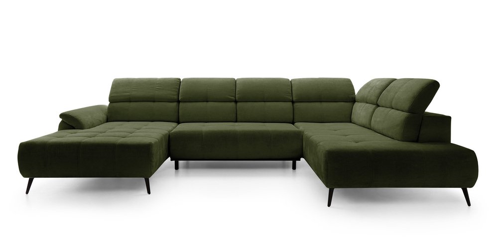 SELSEY Narożnik z funkcją spania Mamutio U-kształtny z elektrycznie wysuwanym siedziskiem i regulowanymi zagłówkami oliwkowy szenil prawostronny