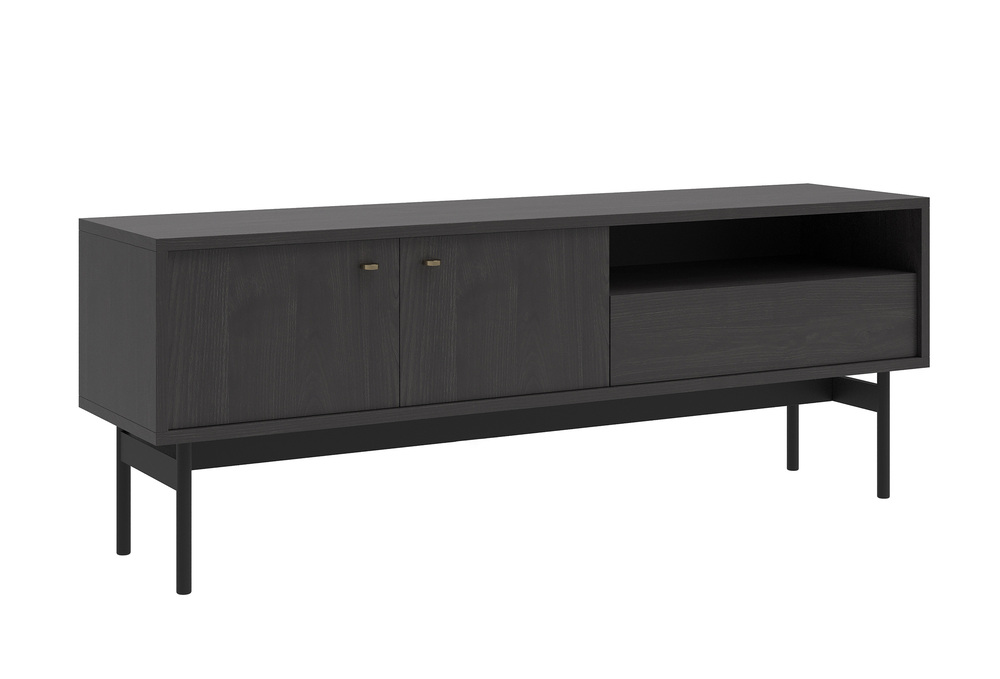 SELSEY Szafka RTV dwudrzwiowa Olar z szufladą i wnęką 154 cm Jesion Portland czarny