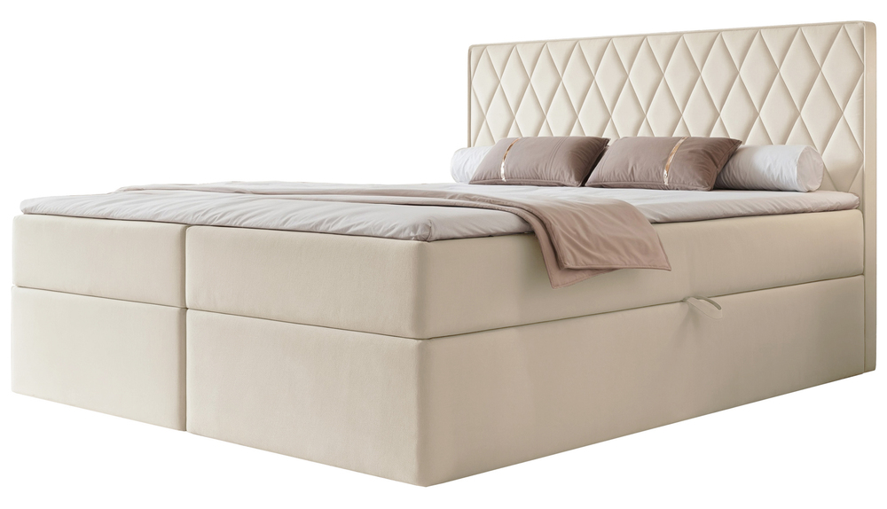 SELSEY Łóżko kontynentalne 140x200 cm Carenzo z materacem bonellowym i topperem jasnobeżowe welur hydrofobowy