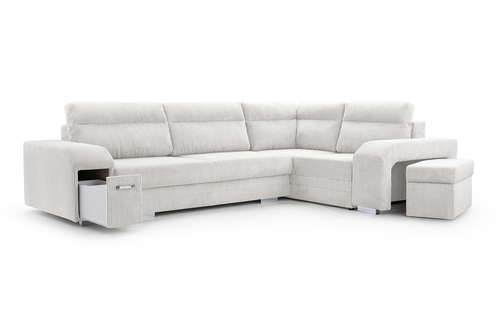 SELSEY Narożnik z funkcją spania Umill L-kształtny z pojemnikami z barkiem i pufą jasnoszary sztruks prawostronny