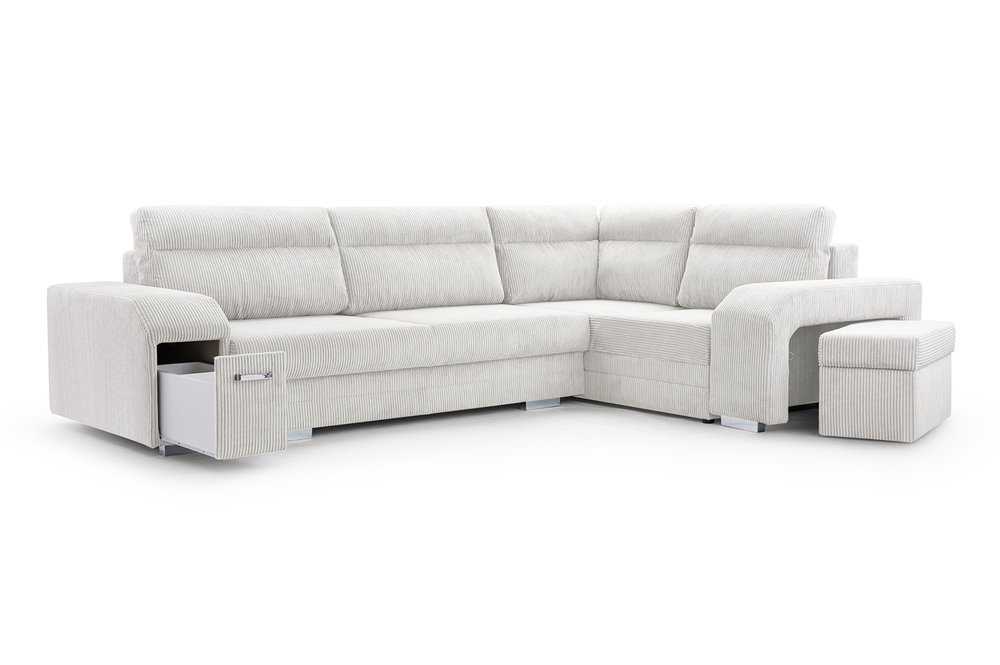 SELSEY Narożnik z funkcją spania Umill L-kształtny z pojemnikami z barkiem i pufą jasnoszary sztruks prawostronny