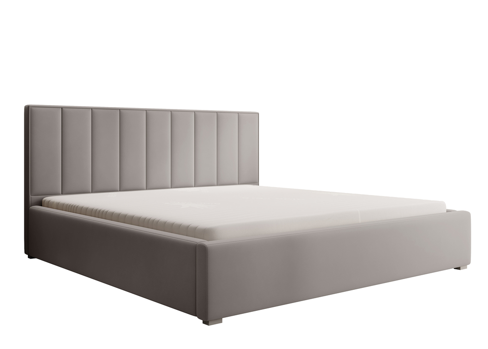 SELSEY Łóżko tapicerowane 200x200 cm Rinus z pojemnikiem jasnobeżowe w tkaninie hydrofobowej