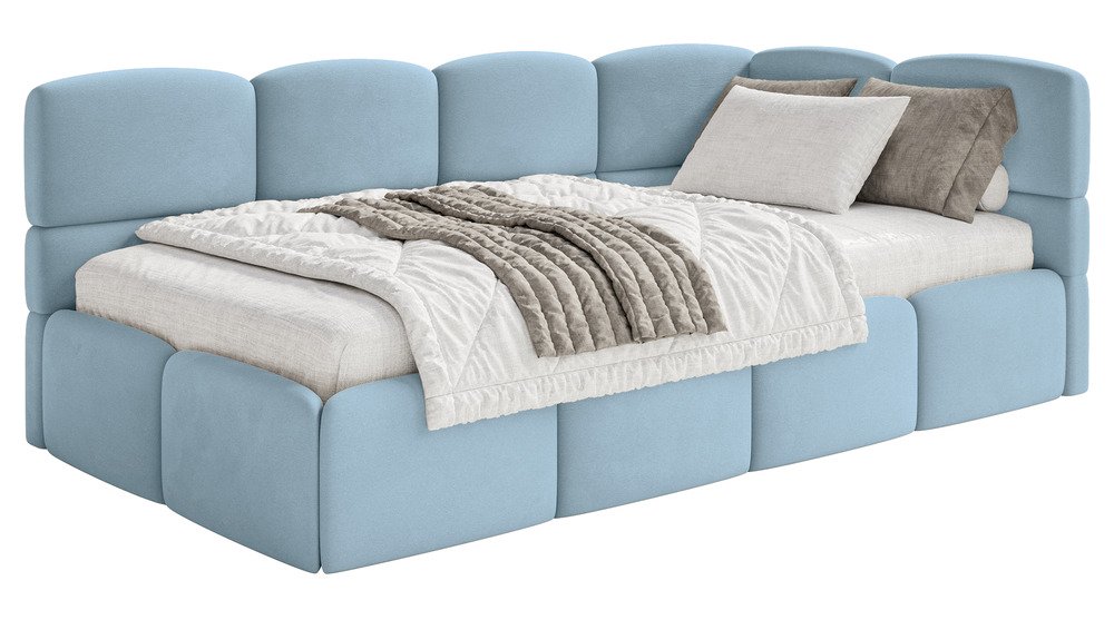 SELSEY Łóżko młodzieżowe 90x200 cm Cloudy prawostronne z materacem i pojemnikiem błękitne welur hydrofobowy łatwoczyszczący