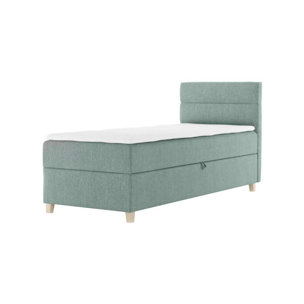 SELSEY Łóżko kontynentalne 90x200 cm Charolle z pojemnikiem i topperem jednoosobowe miętowe welur lewostronne