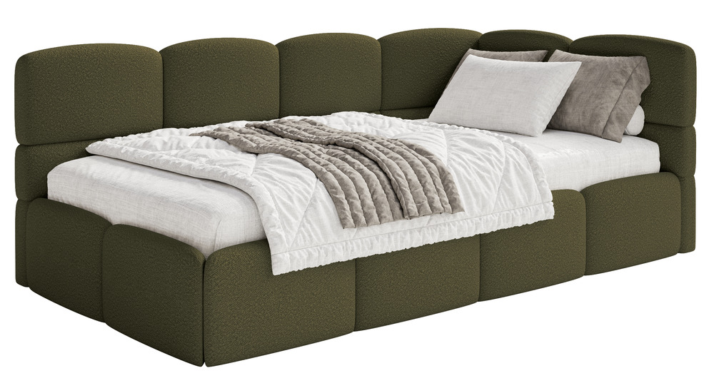 SELSEY Łóżko młodzieżowe 90x200 cm Cloudy prawostronne z materacem i pojemnikiem oliwkowe boucle