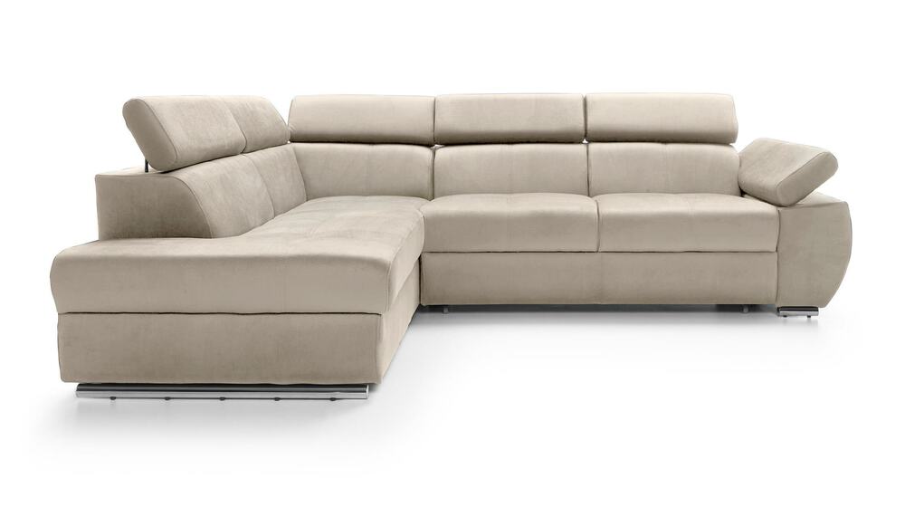 SELSEY Narożnik z funkcją spania Ararip 268 cm L-kształtny z regulowanymi zagłówkami i pojemnikiem jasnobeżowy welur hydrofobowy lewostronny