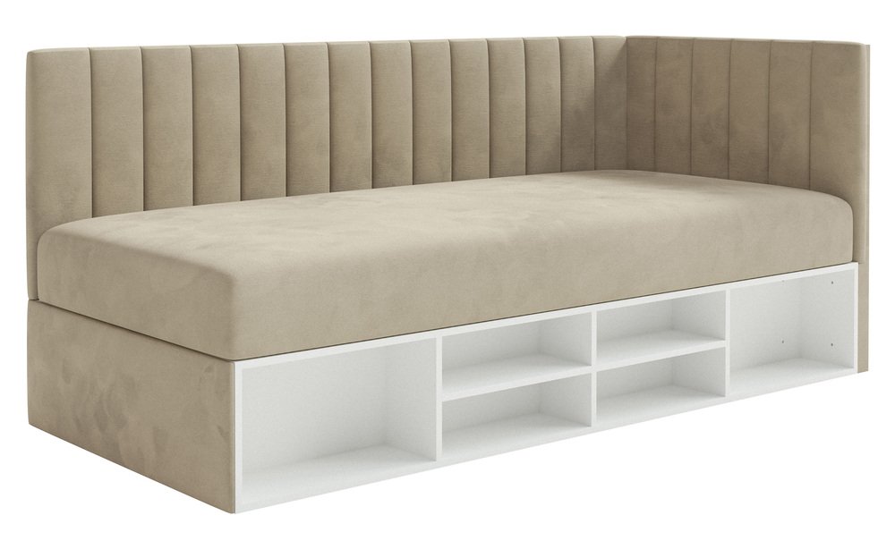 SELSEY Łóżko młodzieżowe 90x200 cm Ventrio prawostronne z pojemnikiem i półkami szarobeżowe welur hydrofobowy łatwoczyszczący