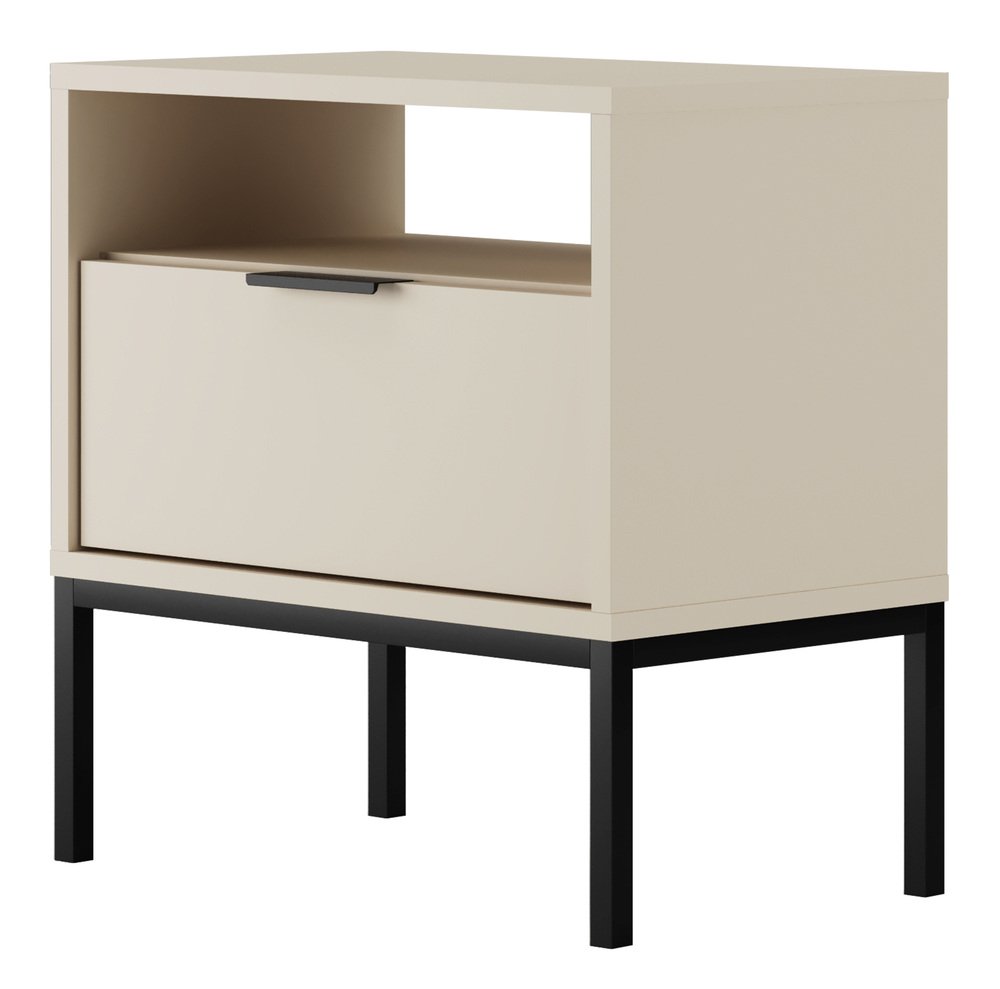 SELSEY Szafka nocna Diargo z szufladą i wnęką szarobeżowa na czarnym stelażu