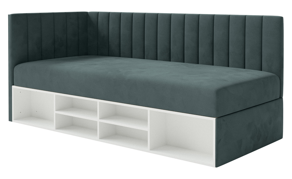 SELSEY Łóżko młodzieżowe 90x200 cm Ventrio lewostronne z pojemnikiem i półkami niebieskoszare welur hydrofobowy łatwoczyszczący