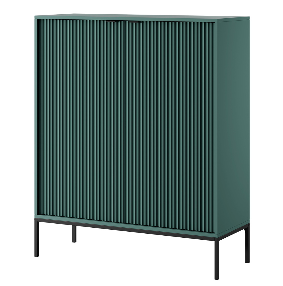 SELSEY Komoda wysoka Vellore zielona z ryflowanymi frontami, czarnymi uchwytami i stelażem