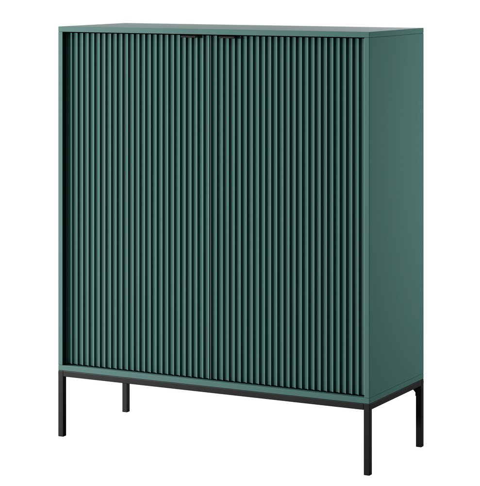 SELSEY Komoda wysoka Vellore zielona z ryflowanymi frontami, czarnymi uchwytami i stelażem