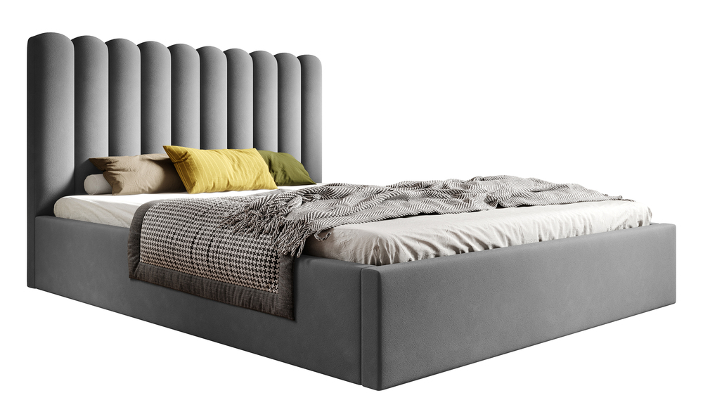 SELSEY Łóżko tapicerowane 140x200 cm Motoba z pojemnikiem i drewnianym stelażem z podnośnikiem sprężynowym jasnobrązowe welur