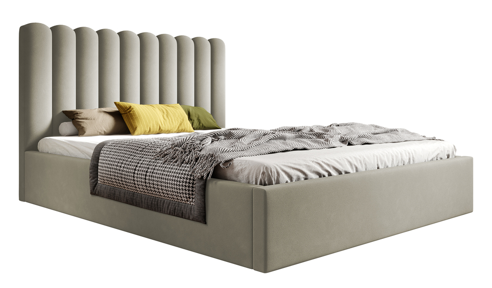 SELSEY Łóżko tapicerowane 140x200 cm Motoba z pojemnikiem i drewnianym stelażem z podnośnikiem sprężynowym kremowe welur