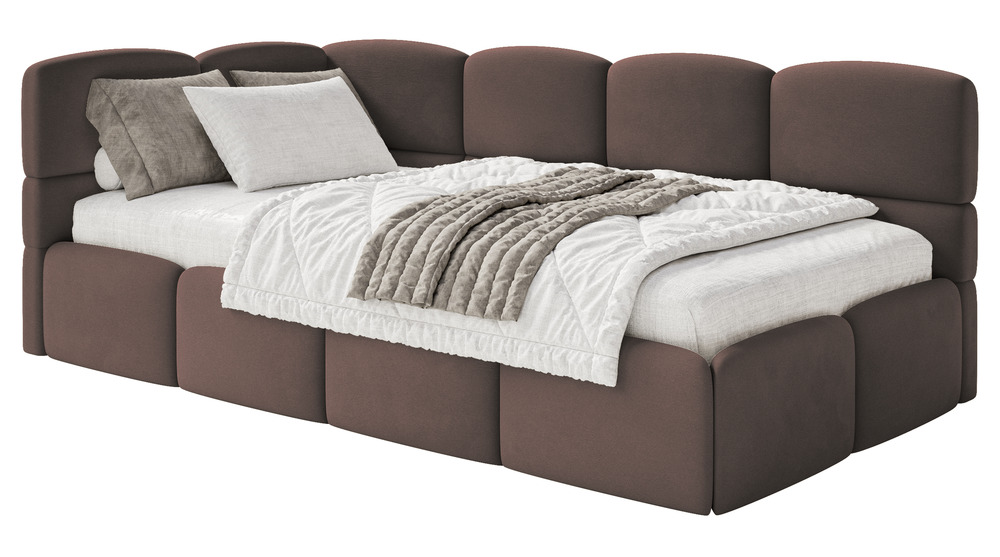 SELSEY Łóżko młodzieżowe 90x200 cm Cloudy lewostronne z pojemnikiem brązowe welur hydrofobowy łatwoczyszczący