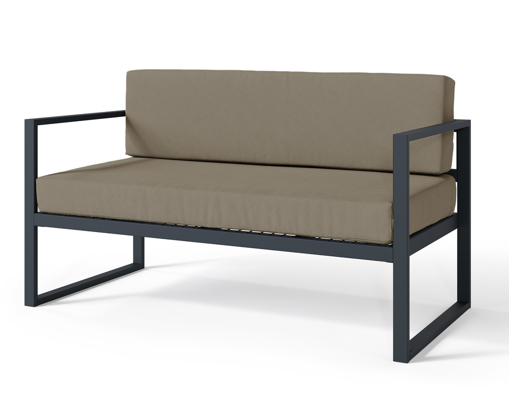 SELSEY Sofa ogrodowa dwuosobowa Dywilly w tkaninie hydrofobowej jasnobrązowa/ czarny stelaż