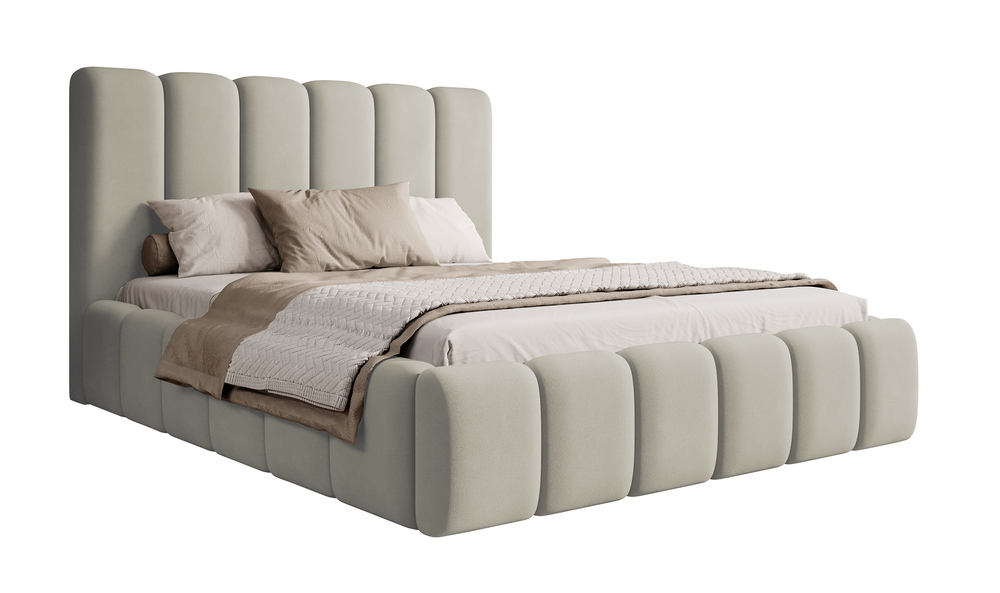 SELSEY Łóżko tapicerowane 140x200 cm Biscottino szarobeżowe z pojemnikiem stelaż metalowy podnośnik gazowy