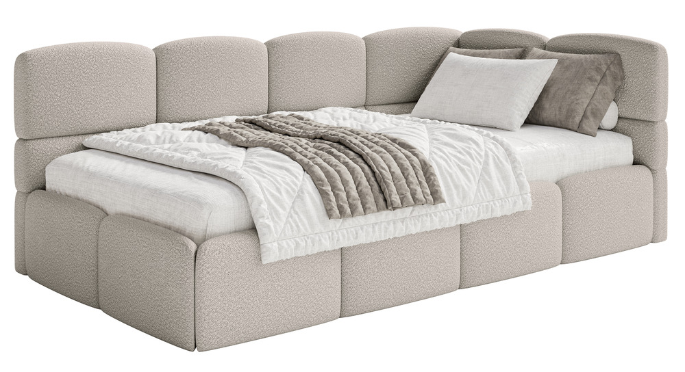 SELSEY Łóżko młodzieżowe 90x200 cm Cloudy prawostronne z materacem i pojemnikiem szarobeżowe boucle