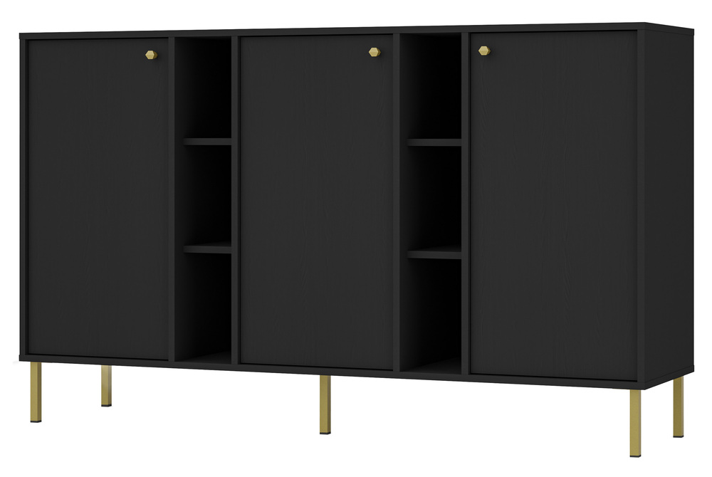 SELSEY Komoda trzydrzwiowa Oktio z półkami 159 cm czarny grafit na złotych nogach