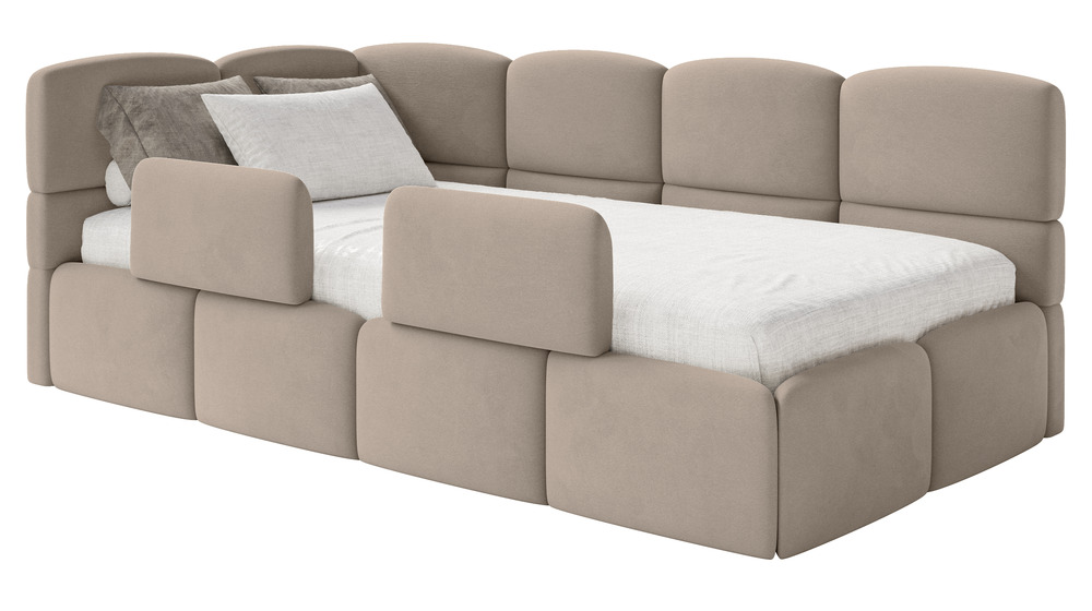 SELSEY Łóżko młodzieżowe 90x200 cm Cloudy lewostronne z materacem pojemnikiem i barierkami beżowe welur hydrofobowy łatwoczyszczący