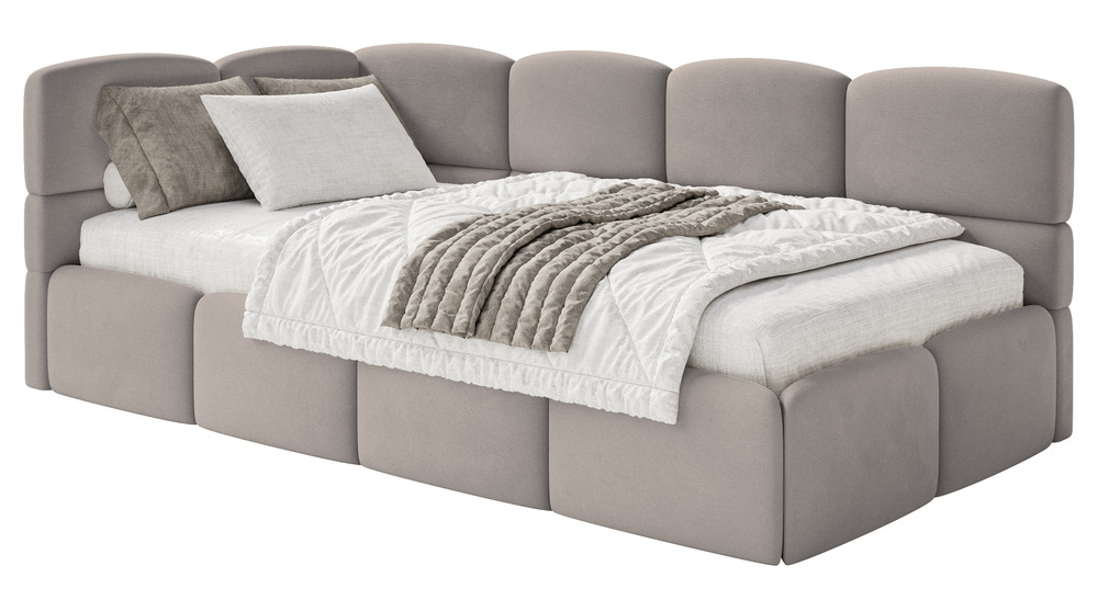 SELSEY Łóżko młodzieżowe 90x200 cm Cloudy lewostronne z materacem i pojemnikiem jasnoszare welur hydrofobowy łatwoczyszczący