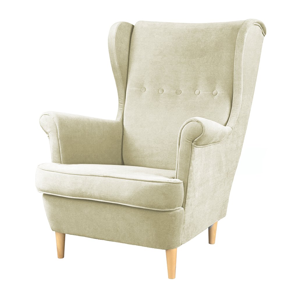 SELSEY Fotel uszak Malmo beżowy w tkaninie Easy Clean na bukowych nóżkach