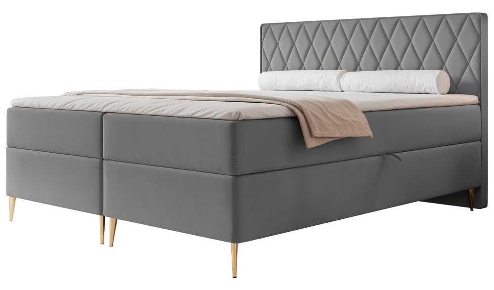 SELSEY Łóżko kontynentalne 180x200 cm Caresso z materacem bonellowym i topperem niebieskoszare welur hydrofobowy